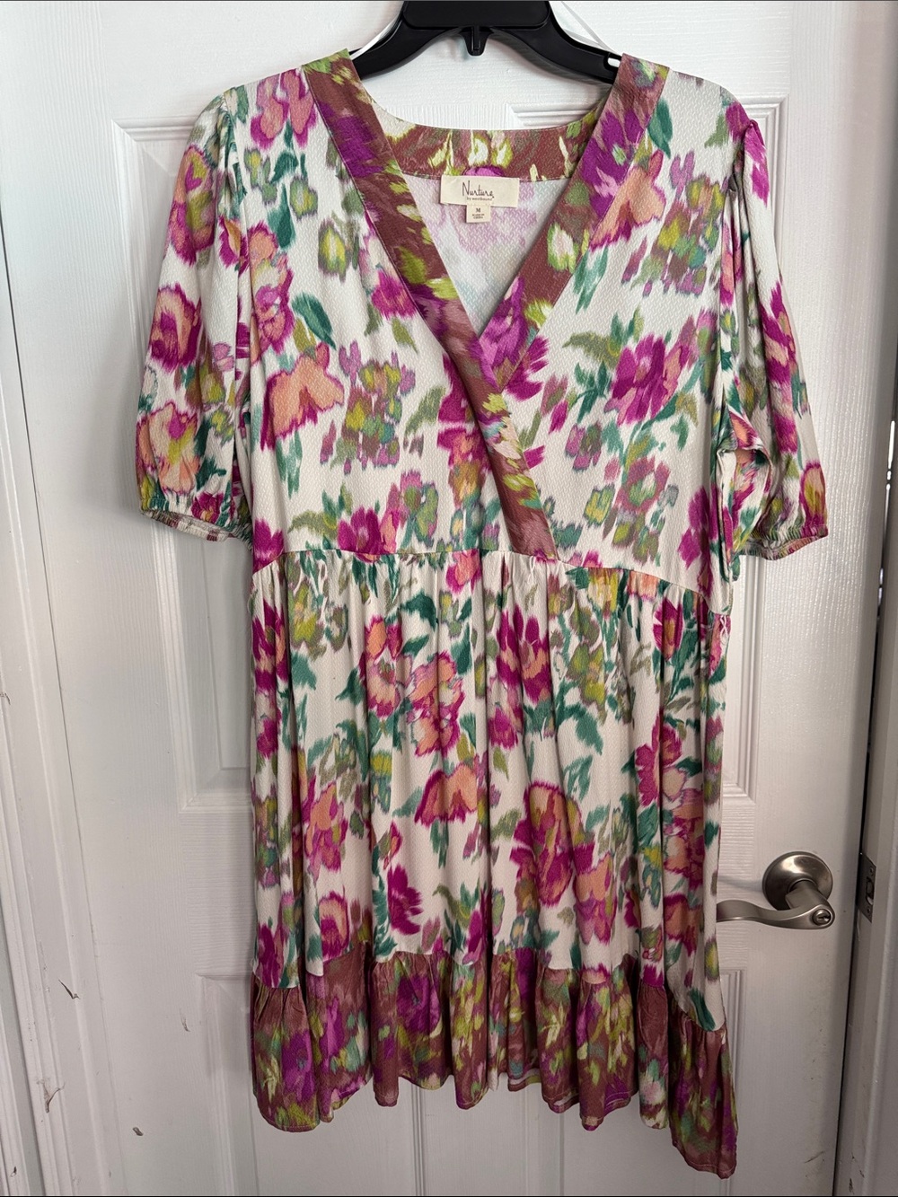 Nurture White Floral Wrap-Style Kids Dress with Pink and Green Accents